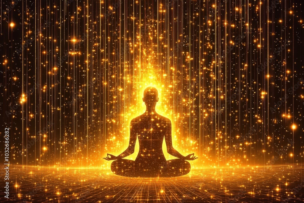 Silhouette of a meditating figure surrounded by glowing golden particles symbolizing spirituality inner peace and connection to universal energy in a radiant magical atmosphere Silhouette of a meditating figure surrounded by glowing golden particles symbolizing spirituality inner peace and connection to universal energy in a radiant magical atmosphere