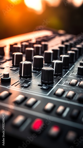 Close-up of a black audio mixer with knobs against a sunset backdrop.