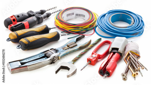 Isolated Electrician's Toolkit on a White Background with Cables, Pliers, Wire Cutters, and Screwdrivers - Essential Tools for Electrical Work, Repair, and Maintenance photo