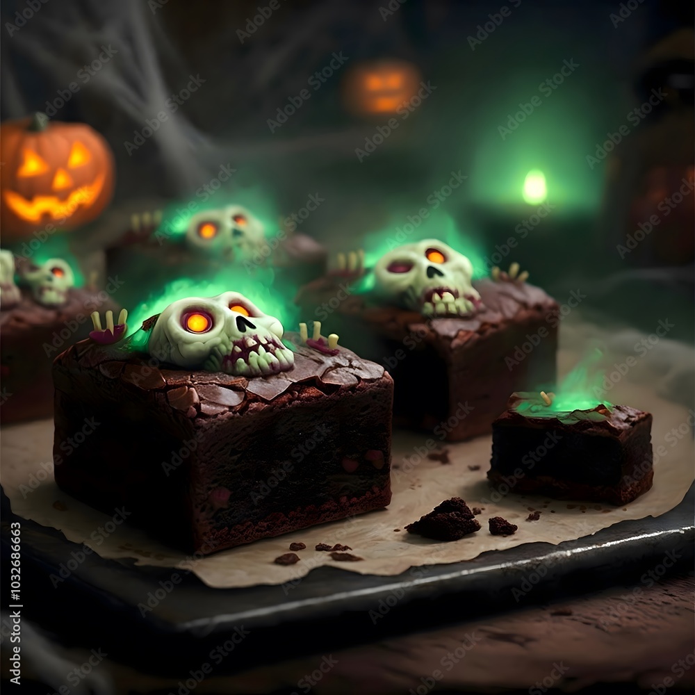 Halloween treats with spooky skull designs on brownies. Halloween treats with spooky skull designs on brownies.