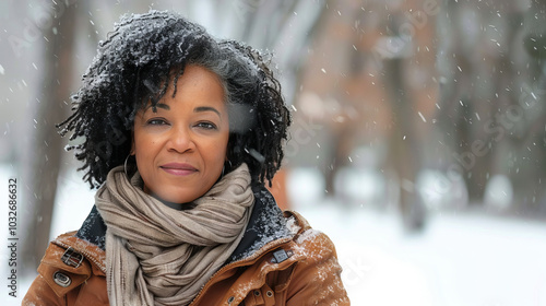 Middle aged African American woman in a yellow winter coat enjoying snowy weather. Concept of winter fashion, outdoor activities, snow days, and seasonal beauty photo