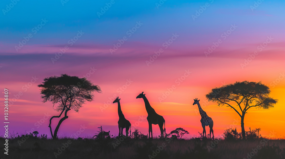 Giraffes Silhouetted in Serene Savanna Landscape at Dusk, Majestic Sunset, African Wildlife, Tranquility in Nature. Digital illustration Giraffes Silhouetted in Serene Savanna Landscape at Dusk, Majestic Sunset, African Wildlife, Tranquility in Nature. Digital illustration