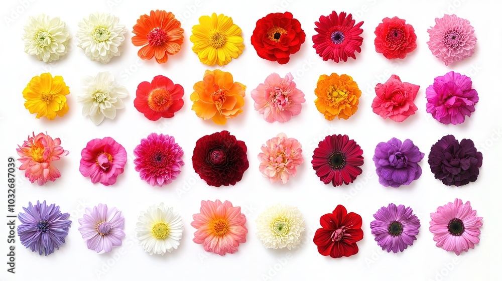 Fototapeta premium Colorful Flower Images on White Background, Featuring Roses, Daisies, Peonies, and More