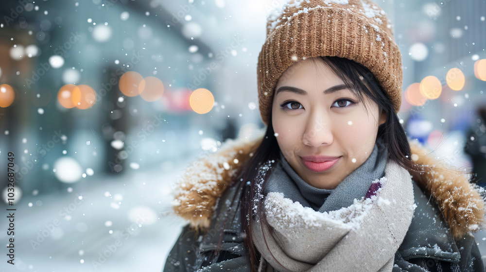 Smiling Asian woman in cozy winter outfit enjoying snowfall in urban setting. Concept of winter fashion, seasonal joy, urban life, snowfall bliss Smiling Asian woman in cozy winter outfit enjoying snowfall in urban setting. Concept of winter fashion, seasonal joy, urban life, snowfall bliss