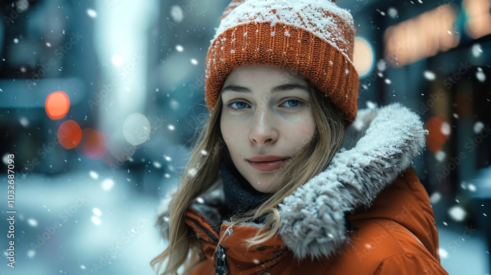 Portrait of a Caucasian Woman in a Snowy Urban Setting Wearing an Orange Knitted Hat and Warm Winter Coat. Concept of Winter Fashion, Seasonal Lifestyle, Cold Weather, City Life Portrait of a Caucasian Woman in a Snowy Urban Setting Wearing an Orange Knitted Hat and Warm Winter Coat. Concept of Winter Fashion, Seasonal Lifestyle, Cold Weather, City Life