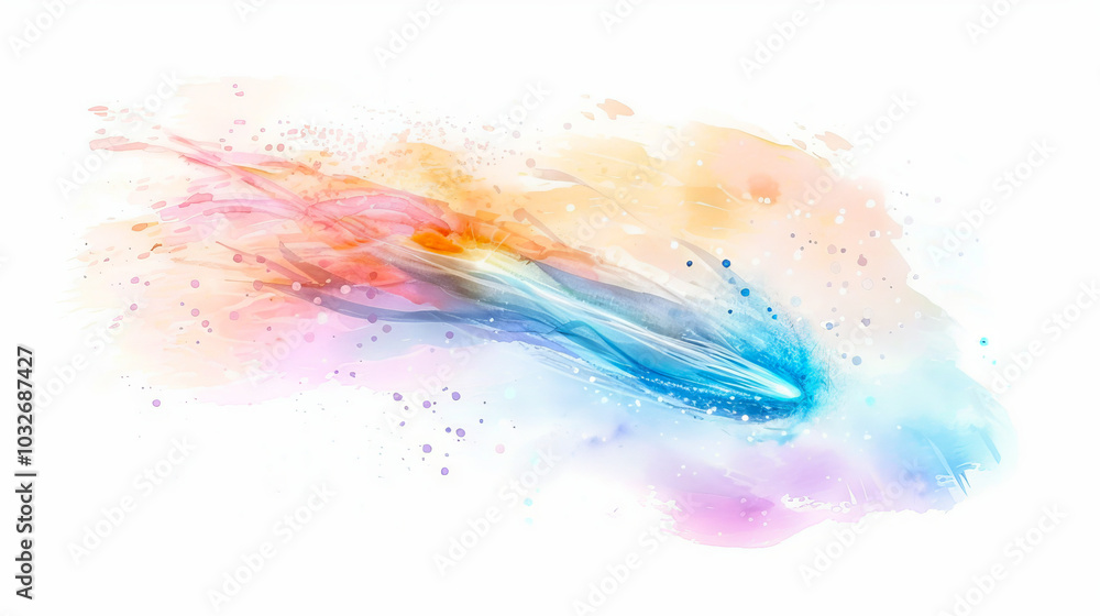 Fototapeta premium Watercolor illustration of a comet flying through space. Concept of colorful cosmic scene, stars, meteorite, meteor, and vibrant sky. Print, design, fantasy art