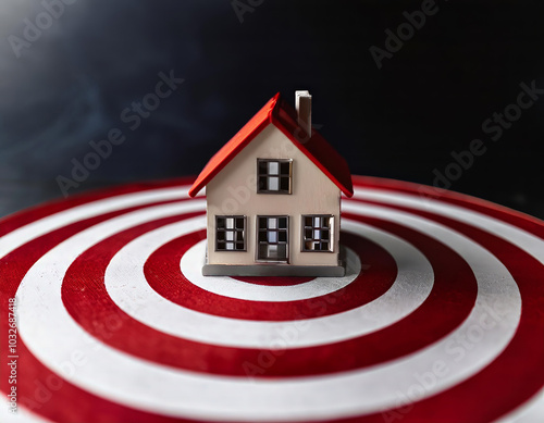 Miniature house is standing on the center of a target, representing the concept of real estate investment and achieving property goals