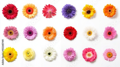 Colorful Flower Images on White Background, Featuring Roses, Daisies, Peonies, and More