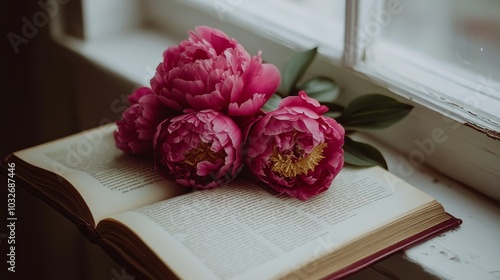 A close up of an open book and pink peonies on a windowsill with a blurred ba...