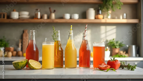 A modern kitchen counter featuring probiotic sodas and kombucha bottles, stylishly arranged with fresh fruits and herbs, creating a vibrant and health-conscious atmosphere.