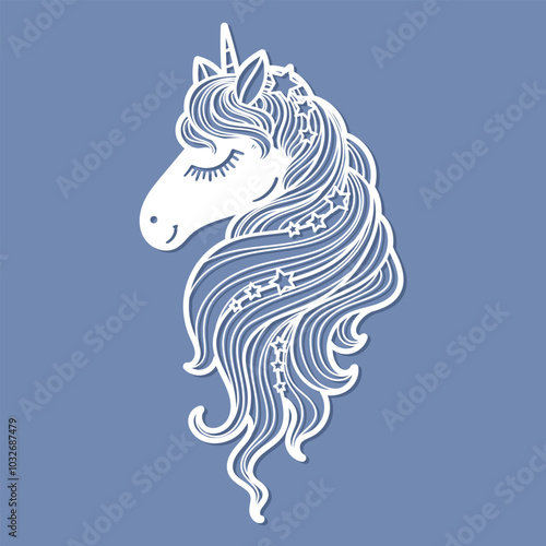Unicorn head with a long mane. Template for laser cutting from paper, cardboard, wood, metal. For children's design of postcards, stickers, interior decorations, scrapbooking, stencils, etc. Vector