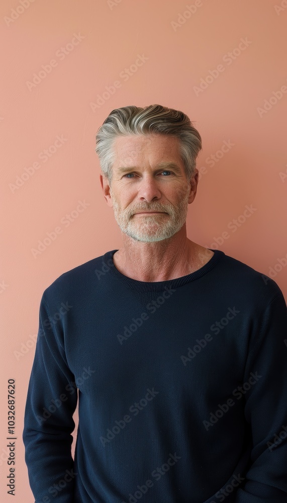 Mature Man in Dark Blue Sweater Against Coral Background for Portrait Photography Mature Man in Dark Blue Sweater Against Coral Background for Portrait Photography