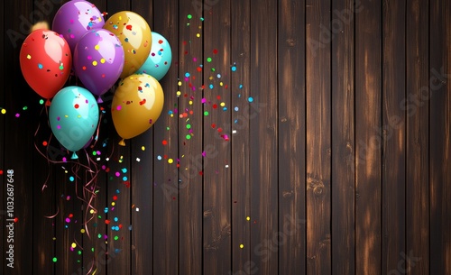 Festive wooden background adorned with colorful balloons and confetti for a celebration photo