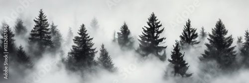 Misty dawn forest with evergreen silhouettes, creating a tranquil, atmospheri...
