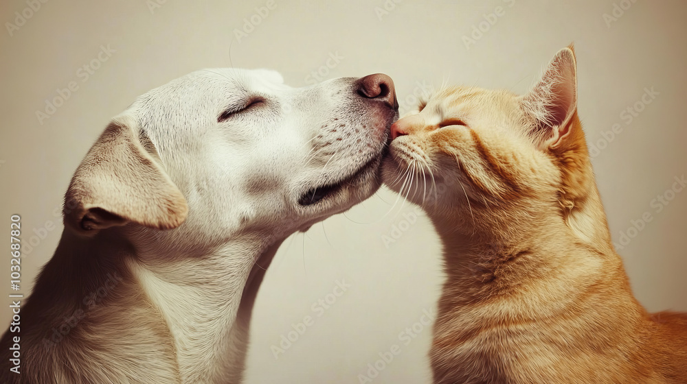 Dog and cat touching noses with closed eyes on beige background. Studio pet portrait with close-up shot. Animal friendship and bonding concept for poster, greeting card, or wall art design. Dog and cat touching noses with closed eyes on beige background. Studio pet portrait with close-up shot. Animal friendship and bonding concept for poster, greeting card, or wall art design.