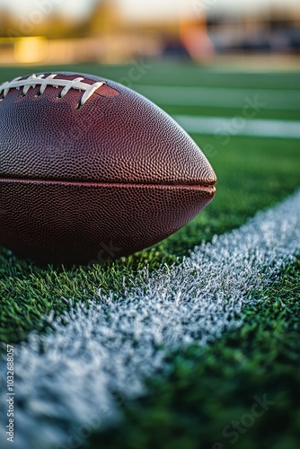 A close up view of an American football resting on the grass at a sports fiel...