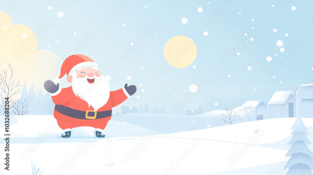 Illustrated Santa Claus enjoying a snowy winter landscape with distant houses and trees. Christmas holiday and winter season concept for greeting cards, posters, or banners. Illustrated Santa Claus enjoying a snowy winter landscape with distant houses and trees. Christmas holiday and winter season concept for greeting cards, posters, or banners.