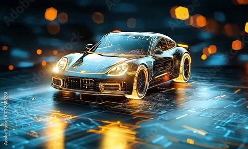 Cybernetic Speedster: Futuristic sports car, sleek design, glowing lines, digital art, technological advancement 