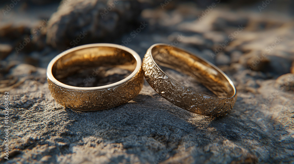 Two elegant wedding rings rest gently in a natural setting, symbolizing the unity of marriage, eternal love, and the connection between human bonds and the beauty of nature Two elegant wedding rings rest gently in a natural setting, symbolizing the unity of marriage, eternal love, and the connection between human bonds and the beauty of nature