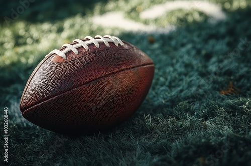 A close up view of a football resting on the field during a golden hour pract...