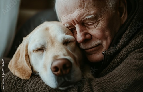 Elderly man enjoying a heartfelt moment with his loyal dog in a cozy indoor s...