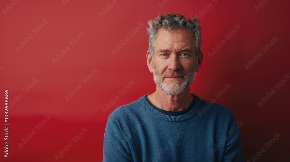 Naklejka premium Relaxed Middle-Aged Man in Blue Sweater Against Vibrant Red Backdrop for Portrait and Design Use