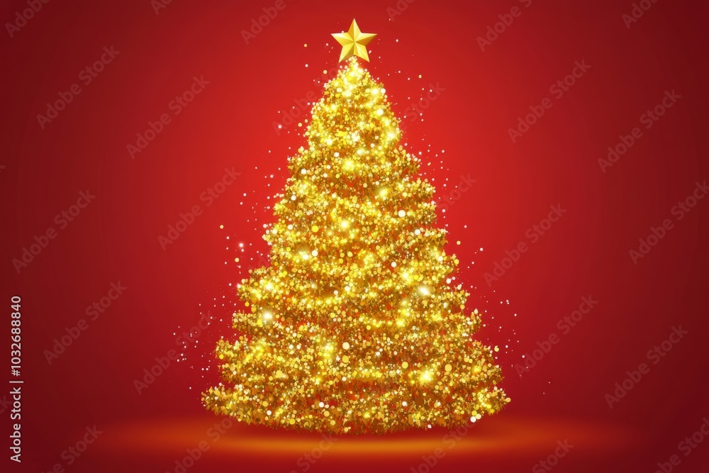 Illustration of a golden glowing Christmas tree on a red background. Elegant card template with golden shiny fir tree. Glitter. Free space for text Illustration of a golden glowing Christmas tree on a red background. Elegant card template with golden shiny fir tree. Glitter. Free space for text