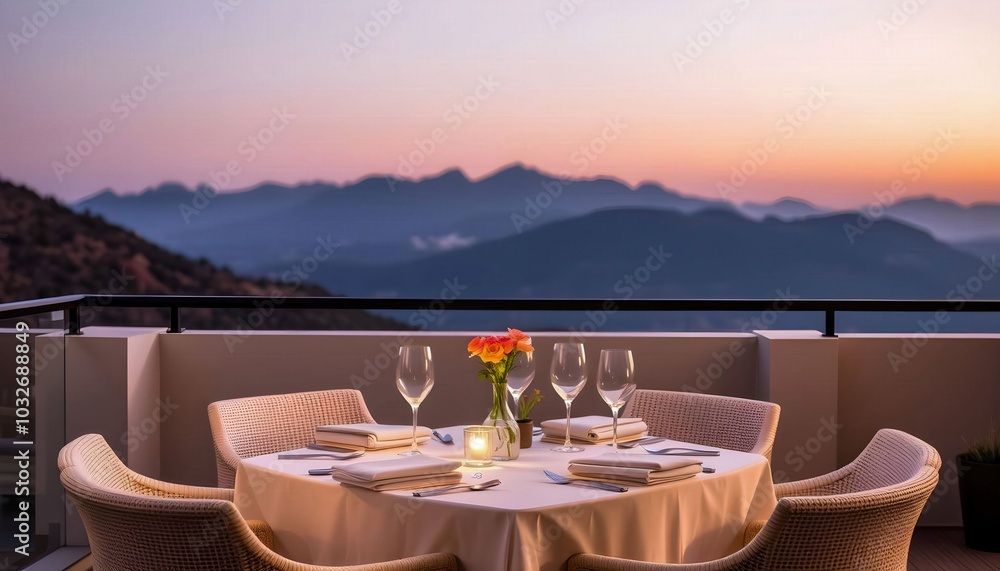 Fototapeta premium A refined table setting on a terrace overlooking a scenic view, featuring elegant dinnerware, sparkling glassware, and tasteful floral arrangements, creating an inviting dining atmosphere.