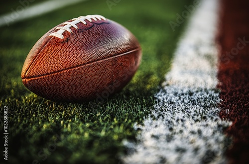 A close up view of a football resting on the field during a golden hour pract...