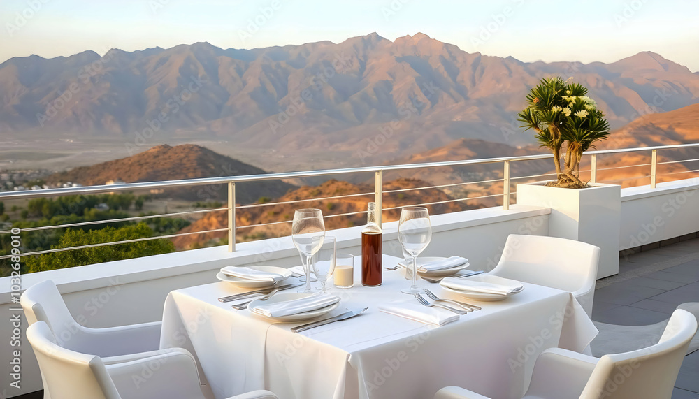 Fototapeta premium A refined table setting on a terrace overlooking a scenic view, featuring elegant dinnerware, sparkling glassware, and tasteful floral arrangements, creating an inviting dining atmosphere.