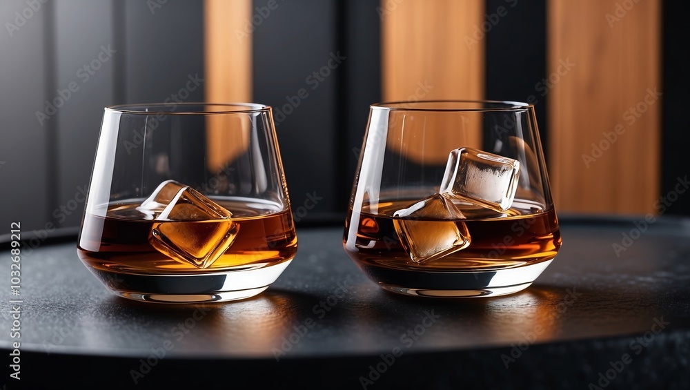 Elegant whiskey glasses with ice on dark surface Elegant whiskey glasses with ice on dark surface