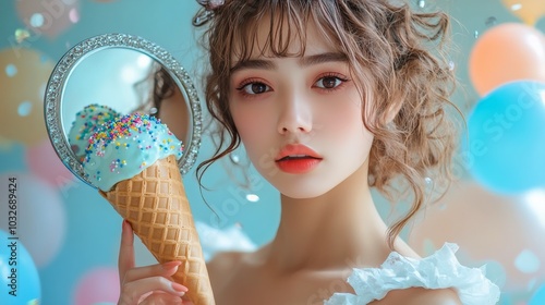 Young woman joyfully holding an ice cream cone in a playful setting with ball...