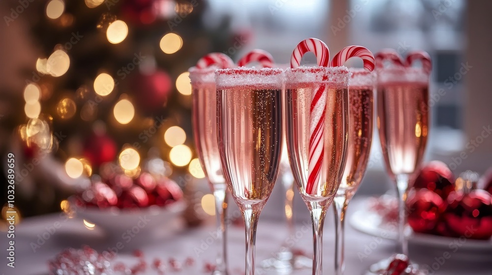 Elegant champagne glasses filled with sparkling drink feature festive peppermint sticks Elegant champagne glasses filled with sparkling drink feature festive peppermint sticks