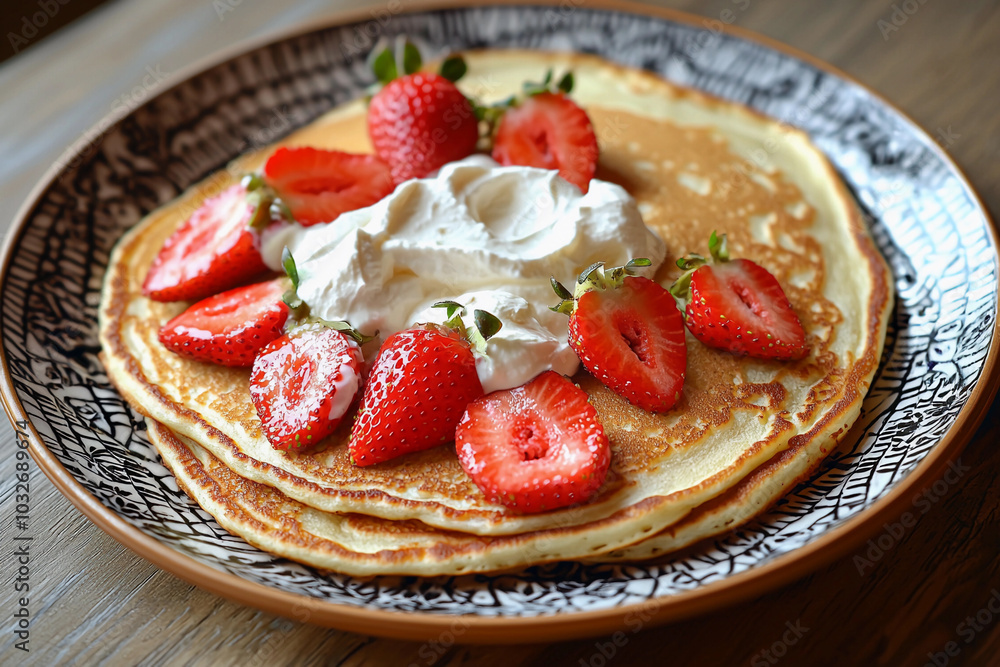Delicious pancakes topped with fresh strawberries and cream