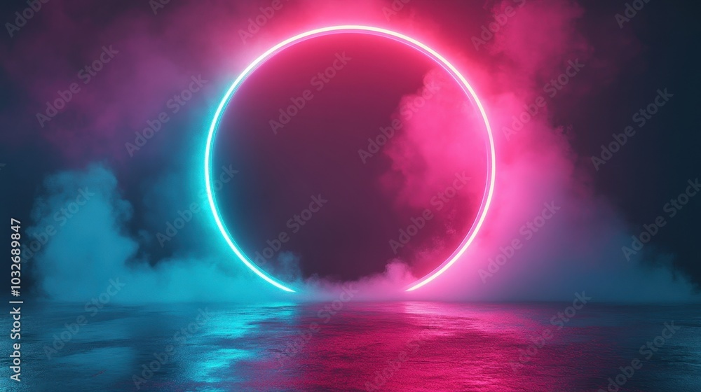 Neon Circle in Fog with Vibrant Color Glow Neon Circle in Fog with Vibrant Color Glow