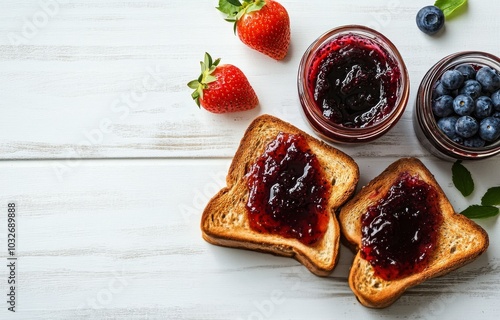 Delicious toasted bread topped with fruit jam and fresh berries on a wooden t...