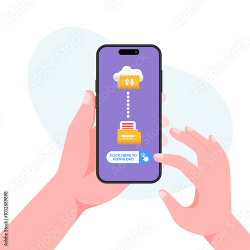 Hand Holding Smartphone with Finger Tapping Screen - Cloud and Download Button Vector Illustration.