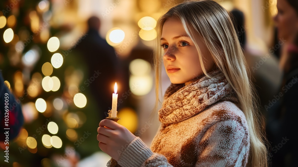 A young Caucasian girl holding a candle, gazing at festive lights with a serene expression. A young Caucasian girl holding a candle, gazing at festive lights with a serene expression.