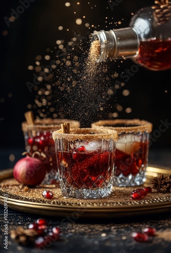 Festive drink preparation featuring pomegranate and cinnamon on a decorative ...