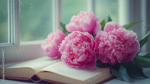 A close up of an open book and pink peonies on a windowsill with a blurred ba...