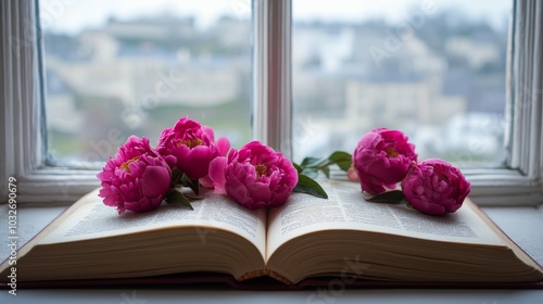 A close up of an open book and pink peonies on a windowsill with a blurred ba...