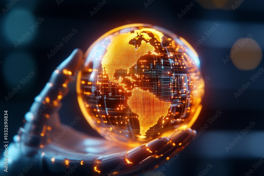 Futuristic robotic hand extending towards a digital globe Futuristic robotic hand extending towards a digital globe