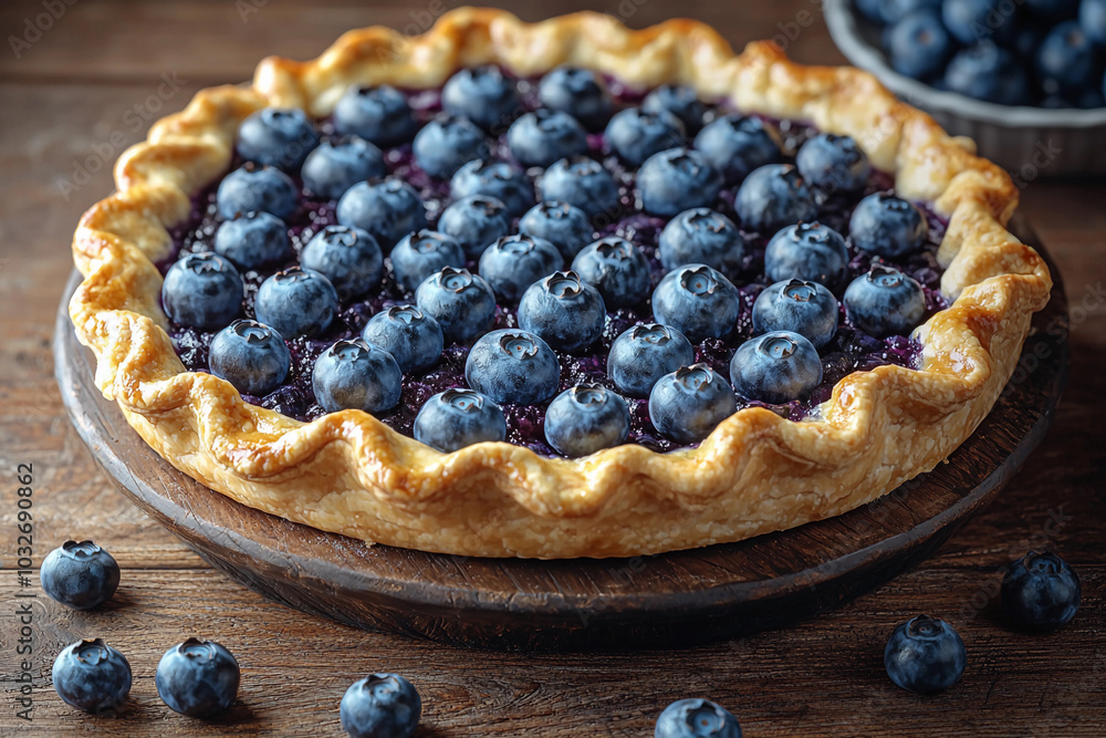 Freshly baked blueberry pie on a wooden table with scattered berries Freshly baked blueberry pie on a wooden table with scattered berries