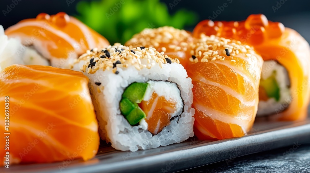 Exquisite sushi presentation showcasing a variety of rolls on a beautiful dish Exquisite sushi presentation showcasing a variety of rolls on a beautiful dish