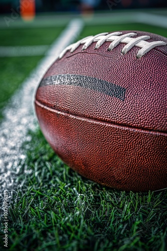 A close up view of an American football resting on the grass at a sports fiel...