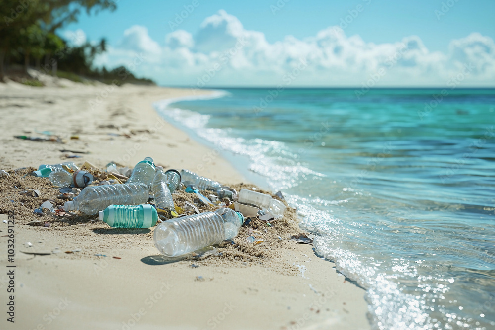 Plastic waste scattered on a serene beach under a bright sky Plastic waste scattered on a serene beach under a bright sky