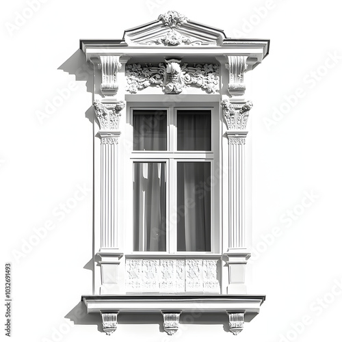 Ornate neoclassical window with intricate architectural details, decorative columns, and classical motifs, perfect for historical building designs isolated on white photo