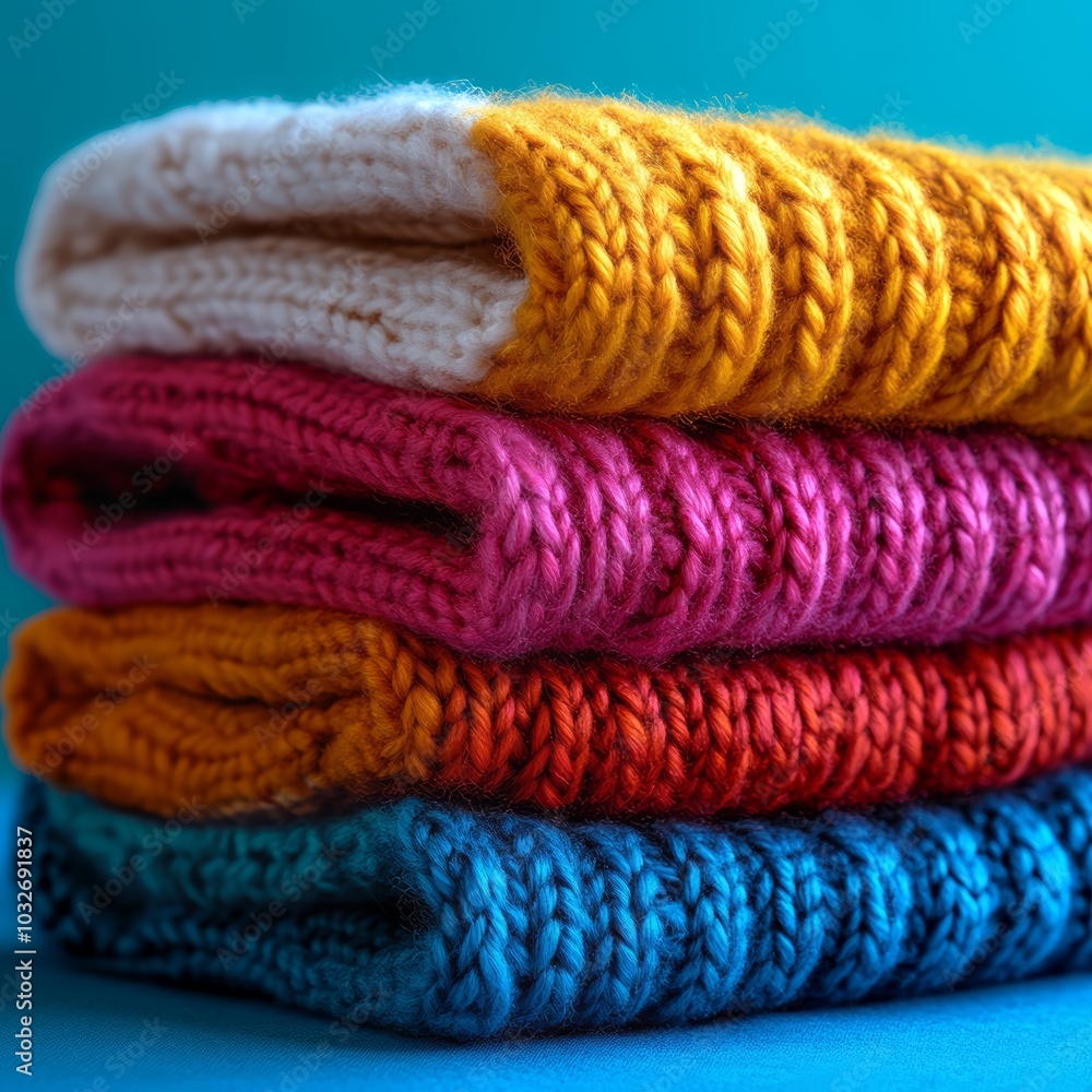 A vibrant stack of colorful knitted scarves in warm and cozy hues. A vibrant stack of colorful knitted scarves in warm and cozy hues.