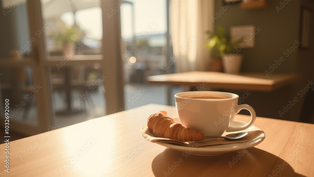 Cozy Upscale Café Scene with Coffee and Croissant Cozy Upscale Café Scene with Coffee and Croissant