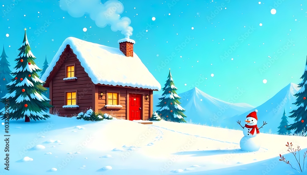 Fototapeta premium An Illustration With A Snowman And A House In The Snow